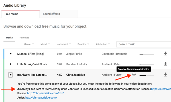 Os arquivos de música na Biblioteca de áudio do YouTube indicarão se você precisa dar crédito ao criador original.