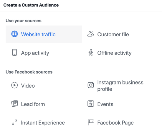 Use a ferramenta de configuração de eventos do Facebook, etapa 14, opção de menu do Facebook para selecionar o tráfego do site como fonte de público