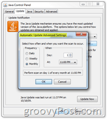 Captura de tela: Guia Atualização do painel de controle Java mensalmente