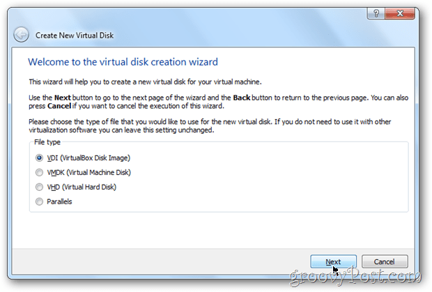 VirtualBox escolha o tipo de imagem de disco da caixa virtual windows 8