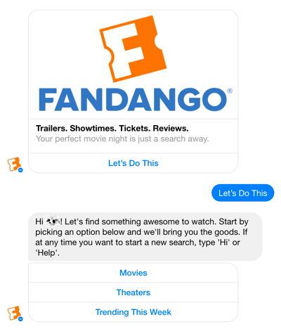 O chatbot do Facebook Messenger da Fandango ajuda a guiar os usuários nas seleções de filmes.