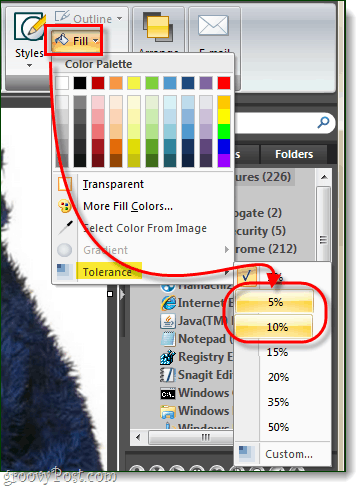 defina a tolerância de preenchimento para 5 ou 10% para snagit