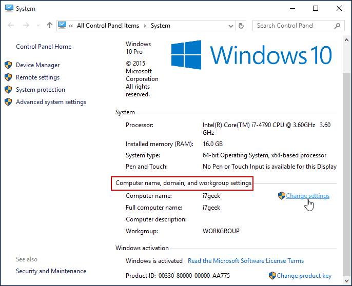 Alterar configurações Windows 10 Control Panel
