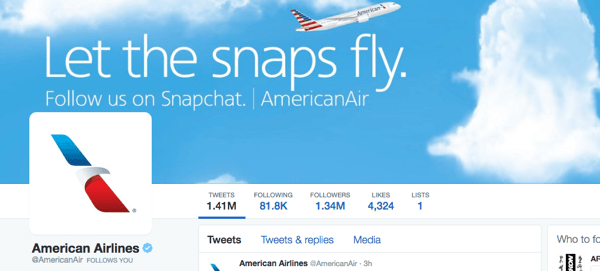 imagem do twitter da American Airlines com Snapchat