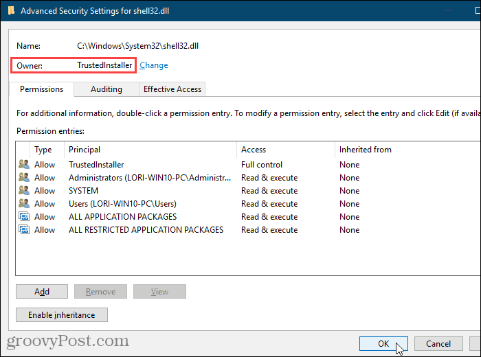 Feche a caixa de diálogo Advanced Security Settings no Windows Registry Editor
