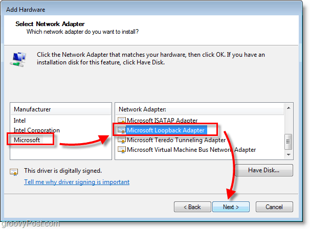 Captura de tela de rede do Windows 7 selecione microsoft> microsoft loopback adapter