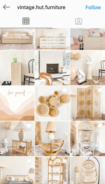 captura de tela de exemplo do feed do instagram @ vintage.hut.furniture mostrando sua tonalidade amarela para o estilo antigo de postagens de imagens em branco, marrom e cores neutras