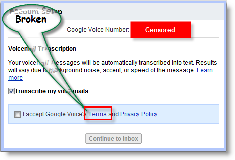 Link dos Termos de Serviço do Google Voice quebrado