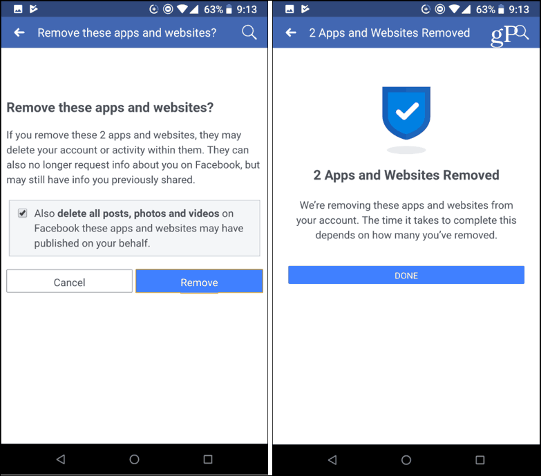Confirme a remoção de aplicativos de terceiros do Facebook para celular