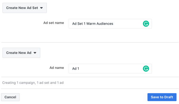 Como direcionar clientes potenciais com anúncios do Facebook Messenger, etapa 3, anúncio e configurações de nome de conjunto de anúncios