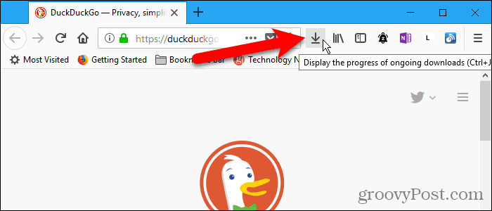 Botão Downloads na barra de ferramentas no Firefox