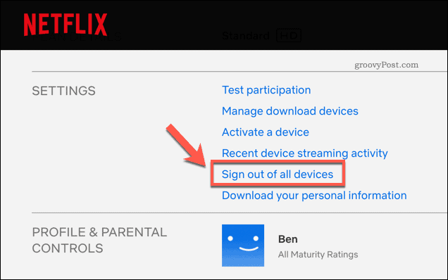 Saia de todos os dispositivos Netflix na página de configurações da conta Netflix