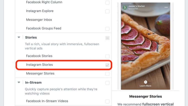 Opção de colocação de histórias do Instagram