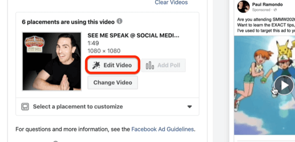 Editar opção de vídeo para anúncio de vídeo do Facebook
