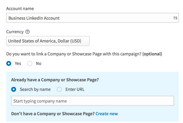 Preencha os detalhes para configurar sua conta de publicidade no LinkedIn.