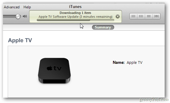 Progresso da atualização do Apple TV