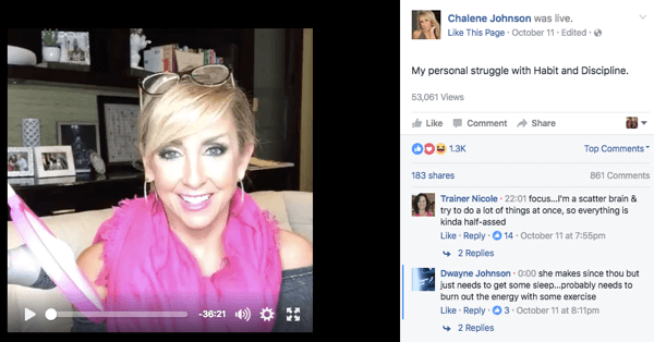 Postagem de vídeo do Facebook Live na página do Facebook de Chalene.