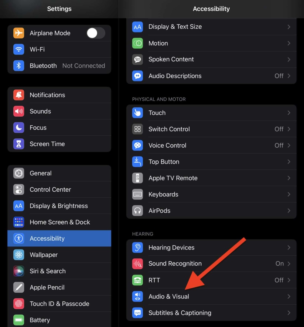 Selecione Áudio e Visual nas configurações de Acessibilidade do seu iPad