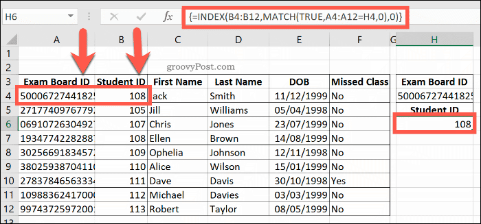 Um exemplo de uma fórmula combinada de INDEX e MATCH no Excel