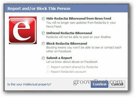 relatório do facebook - opções de bloqueio