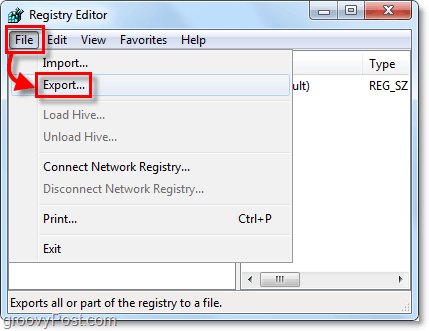 exportação de registro do Windows 7 e Vista