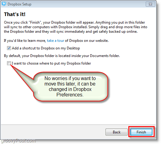 Captura de tela do Dropbox - ajuste as preferências finais e altere o local do dropbox