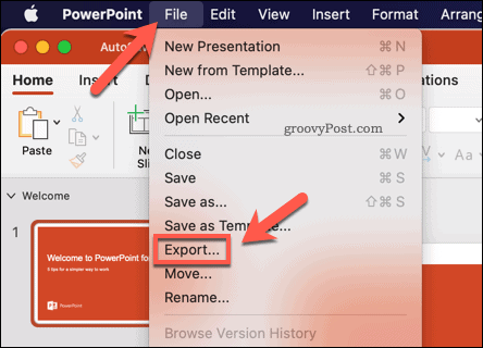 Exportar uma apresentação do PowerPoint como um vídeo no Mac