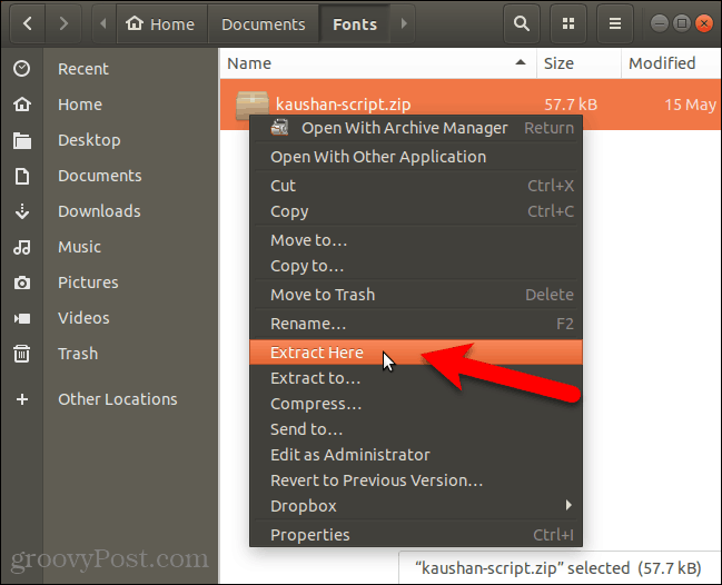 Extrair arquivo de fonte no Nautilus no Ubuntu