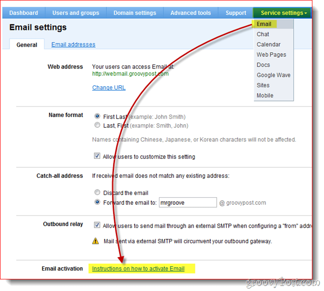 configurações de e-mail do google apps