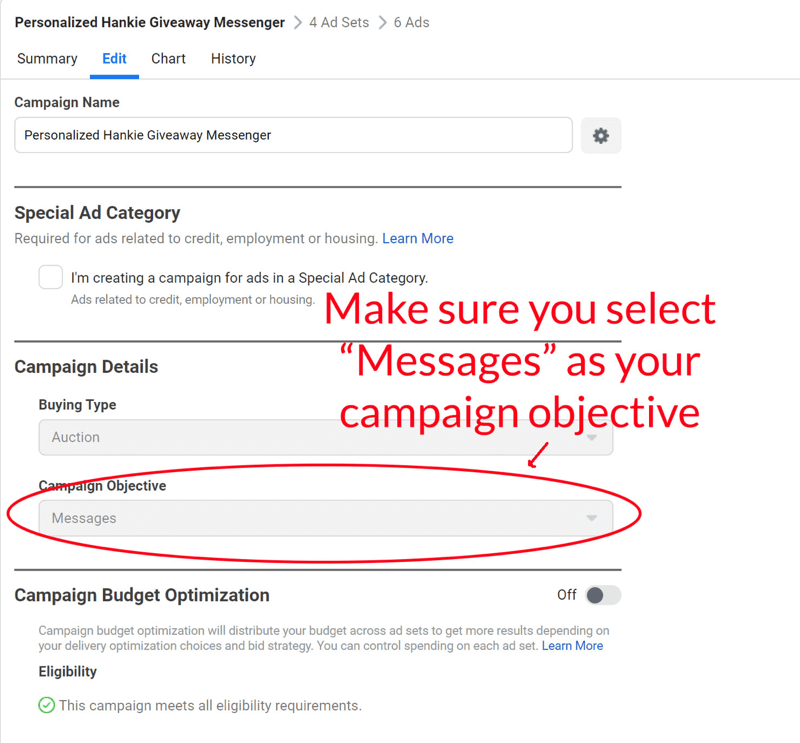 passo 6 de configuração do anúncio do facebook messenger giveaway messenger