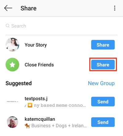 Toque no botão Compartilhar para compartilhar sua história do Instagram com sua lista de amigos próximos.