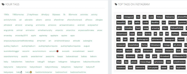 Veja uma lista das tags que você usou em comparação com as principais tags no Instagram.