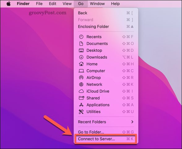 Abrindo a opção Mac Finder Connect to Server