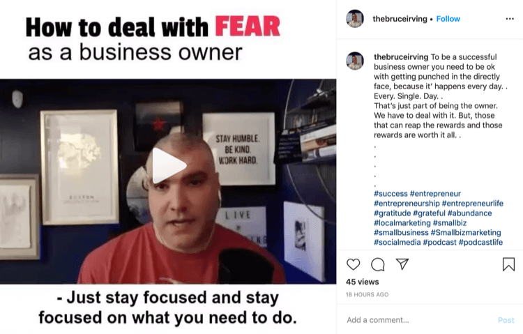 Bruce Irving Postagem no Instagram sobre como lidar com o medo como empresário