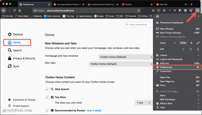 Página inicial de preferências do Firefox no Mac