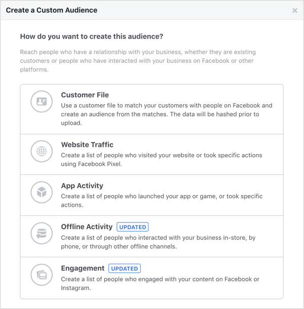 Opções para criar um público personalizado no Facebook