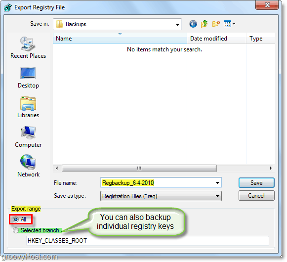salve o backup do registro no Windows 7 e Vista