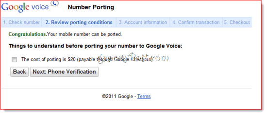 Número existente da porta para o Google Voice