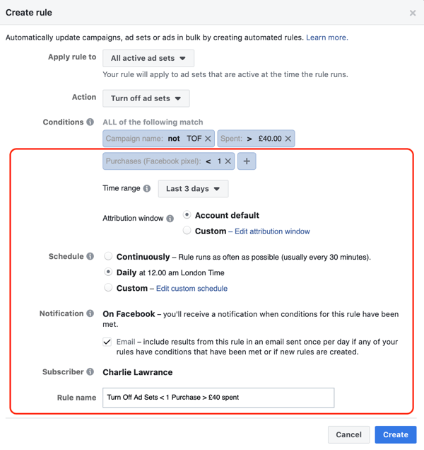 Use as regras automatizadas do Facebook, interrompa o conjunto de anúncios quando o gasto for duas vezes o custo e menos de 1 compra, etapa 3, configurações de regras adicionais