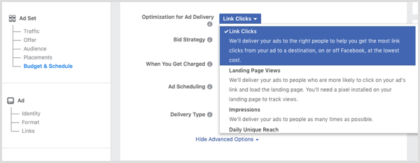 Escolha Cliques de link na lista suspensa Otimização para entrega de anúncios ao configurar seu anúncio no Facebook.