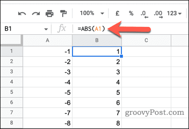 Usando a função ABS no Google Sheets