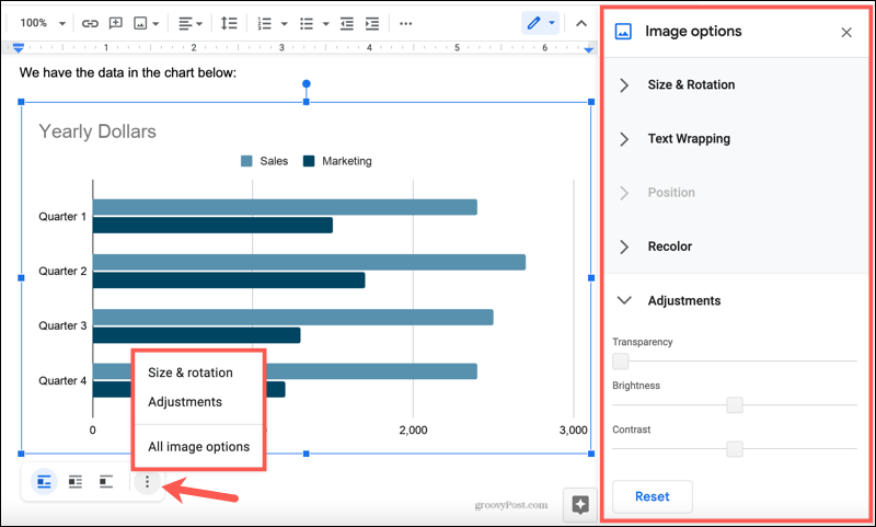 Opções de gráfico de imagem no Google Docs