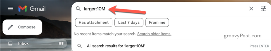 Executando uma pesquisa maior: na barra de pesquisa do Gmail