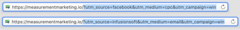 exemplo de urls com tags utm codificados com a parte utm dos urls destacados mostrando facebook / cpc e infusionsoft / email como parâmetros para a campanha de vitória