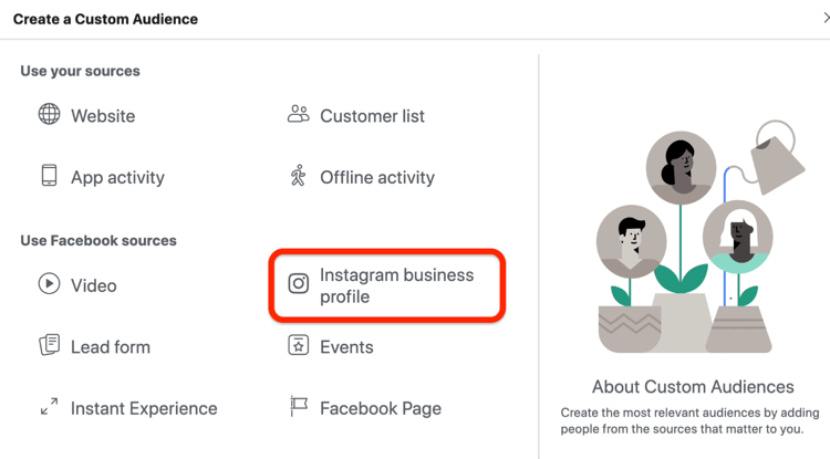 Opção de perfil comercial do Instagram selecionada na caixa de diálogo Criar um público personalizado