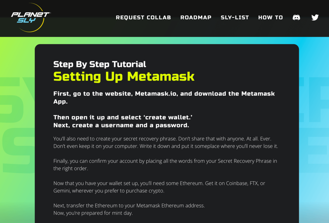 imagem do tutorial Metamask no site PlanetSLY