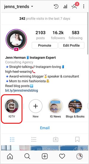 Ícone IGTV em um perfil do Instagram