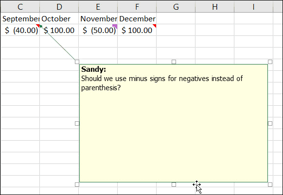 Redimensionar ou mover notas no Excel