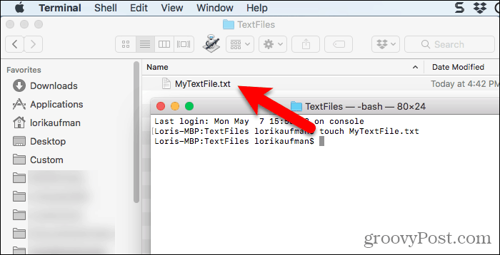 Arquivo de texto criado usando o comando touch no Terminal no Mac