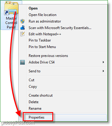 Captura de tela do Windows 7 - clique com o botão direito do mouse no atalho e entre nas propriedades